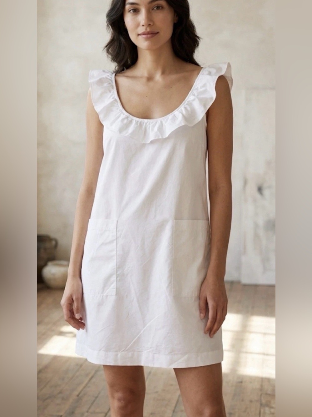 White Sleeveless Dress with Branded Metal Nameplate